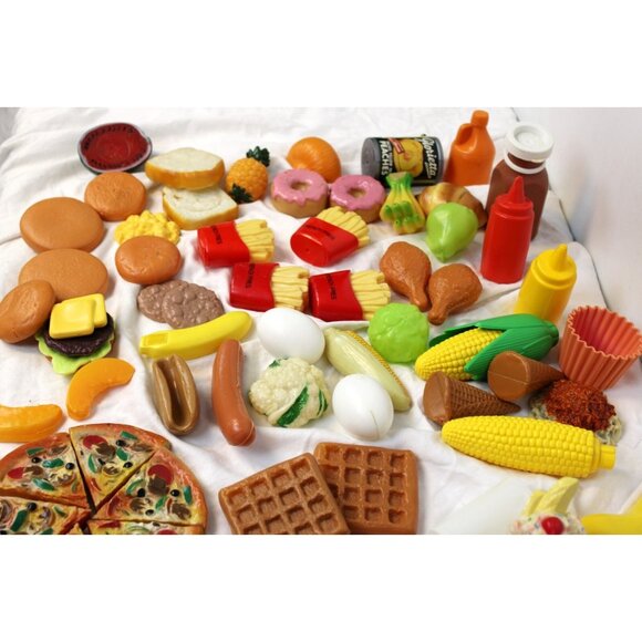 Plastic Play Food Lot Kitchen Fries Pizza Cutter Waffle Hot Dog Hamburger Fruit - Picture 12 of 16
